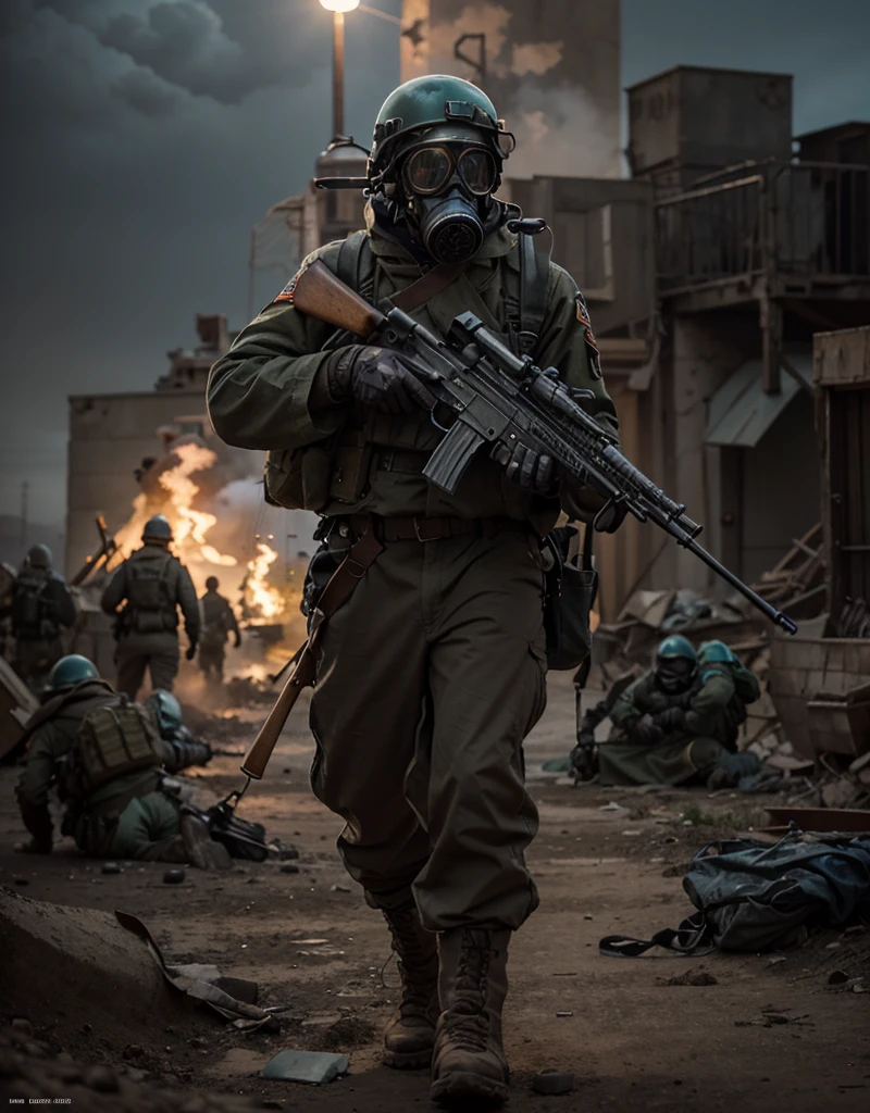 male soldier, blue iron helmet, tactical gas mask, brown  style military uniform with cyan details, long winter trench coat, oxygen tank on his back, belts with ammunition, military boots, carries a  style assault rifle, is on a in a post-apocalyptic desert, explosions, lots of fire, dead soldiers, ultra detailed, hyper realistic, battlefield, 4k, ultra detailed image, realistic, highly detailed, perfect composition, splendid, intricately detailed, incredibly detailed, Artistic photography in 8K, hyper detailed, Masterpiece