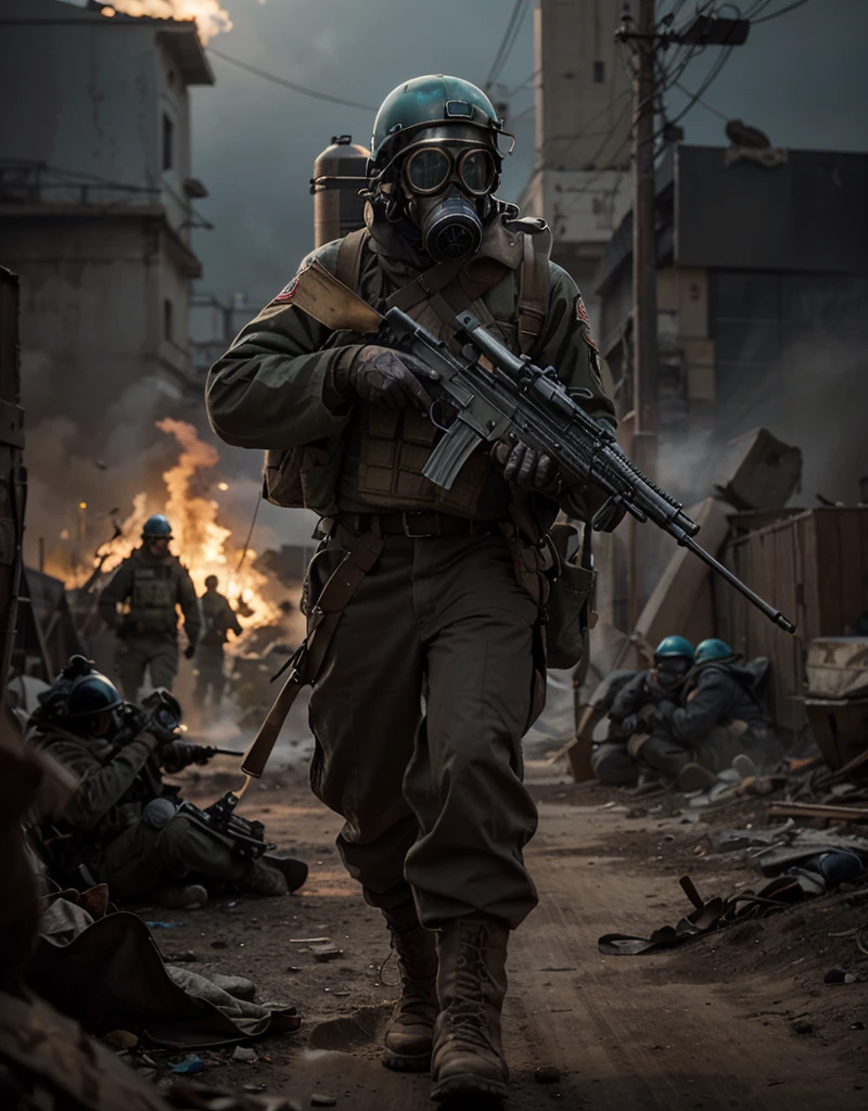male soldier, blue iron helmet, tactical gas mask, brown style military uniform with cyan details, long winter trench coat, oxygen tank on his back, belts with ammunition, military boots, carries a style assault rifle, is on a in a post-apocalyptic desert, explosions, lots of fire, dead soldiers, ultra detailed, hyper realistic, battlefield, 4k, ultra detailed image, realistic, highly detailed, perfect composition, splendid, intricately detailed, incredibly detailed, Artistic photography in 8K, hyper detailed, Masterpiece