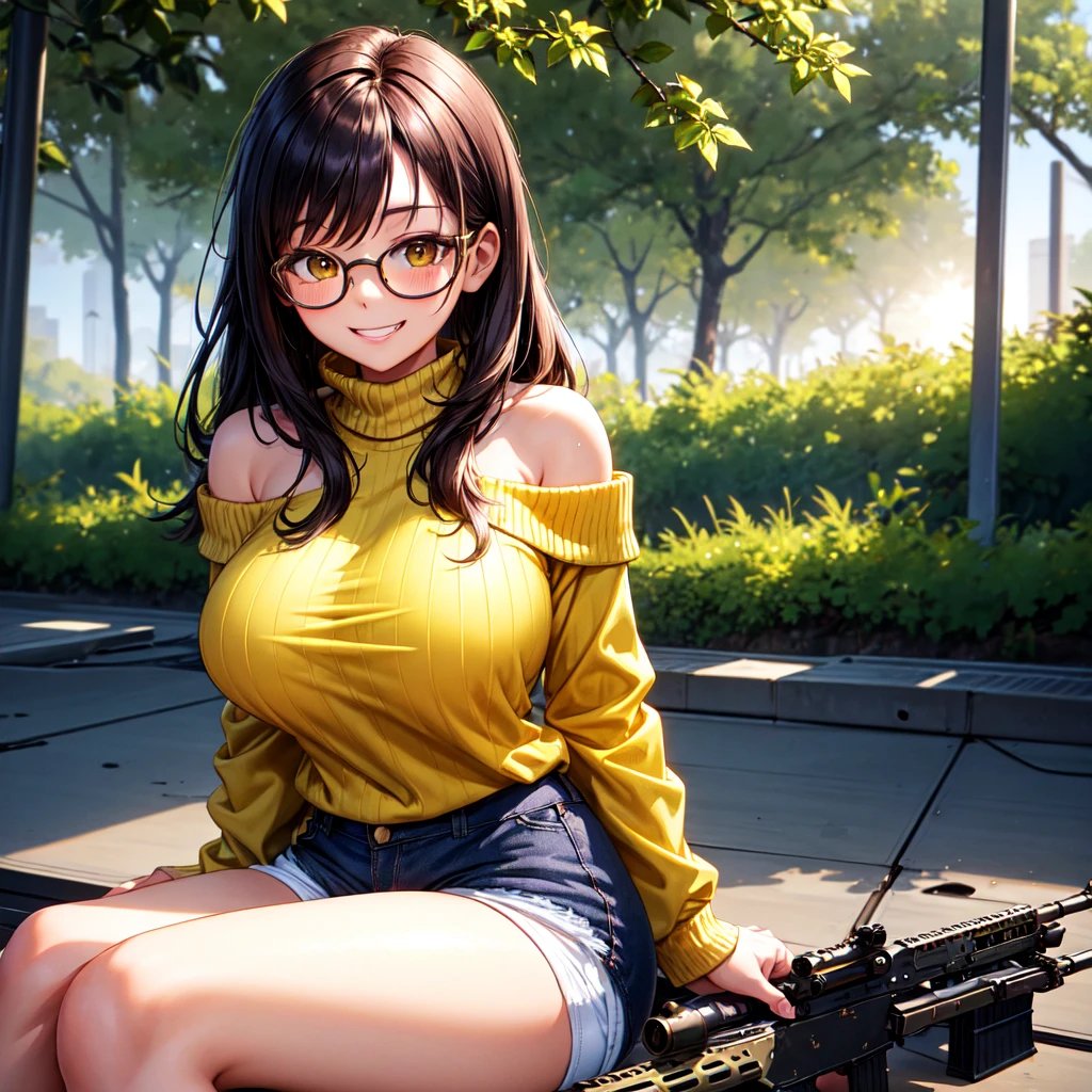 ((best quality)), ((masterpiece)), (detailed), off-shoulder sweater, Transparent body, Visible veins, Highly detailed, Upper body, one girl, young Korean woman with yellow sandy hair, beautiful Korean face, tanned skin of a dark, bronze hue, huge chest, predatory grin, smile of dangerous temptation, dressed in an open military jacket with rolled up sleeves, no underwear, yellow glasses on her head, pussy visible through white tight shorts and panties, sitting on the roof of a warehouse with ammunition, against the backdrop of a forest and bright sun, next to there is a bulletproof vest and a SCAR machine gun,