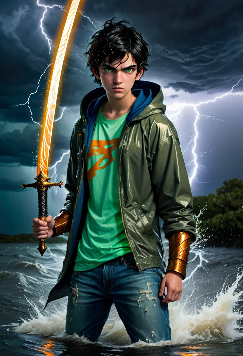 1boy, 18yo, fair skinned, short, messy black hair, green eyes, torrential waters, dark and stormy skies, lightning, standing in the water, wearing an orange t-shirt with blue jeans, grey hoodie jacket, (holding a Greek Xiphos sword with a glowing bronze blade: 1.3)