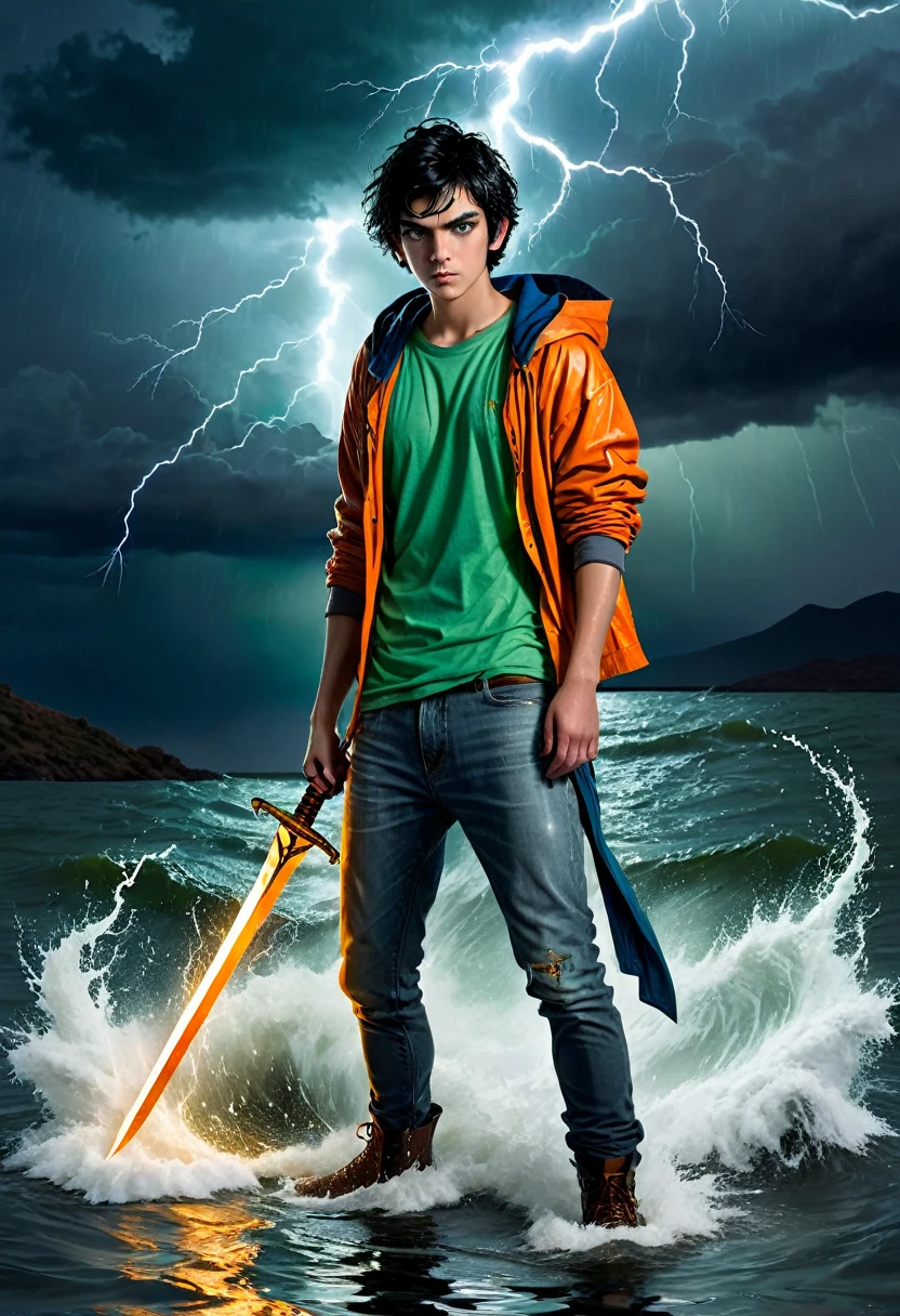 1boy, 18yo, fair skinned, short, messy black hair, green eyes, torrential waters, dark and stormy skies, lightning, standing in the water, wearing an orange t-shirt with blue jeans, grey hoodie jacket, (holding a Greek Xiphos sword with a glowing bronze blade: 1.3)