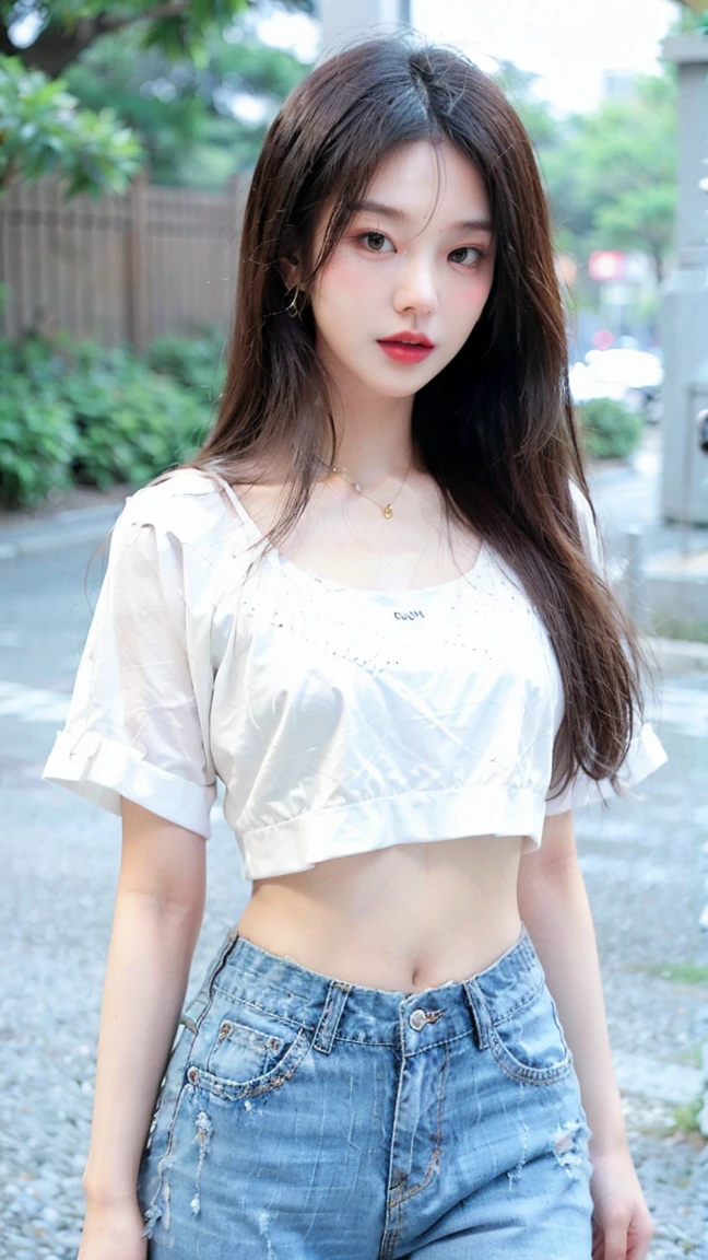 ((best quality, 8K, masterpiece: 1.3)), sharp: 1.2, Perfect body beauty: 1.4, Slim abdominal muscles: 1.2, ((Layered Hairstyle, :1.2)), (White Button Short Sleeve Shirt: 1.1), (street: 1.2), wet: 1.5, Highly detailed face and skin textures, Beautiful eyes, Double eyelids, Looking at the camera