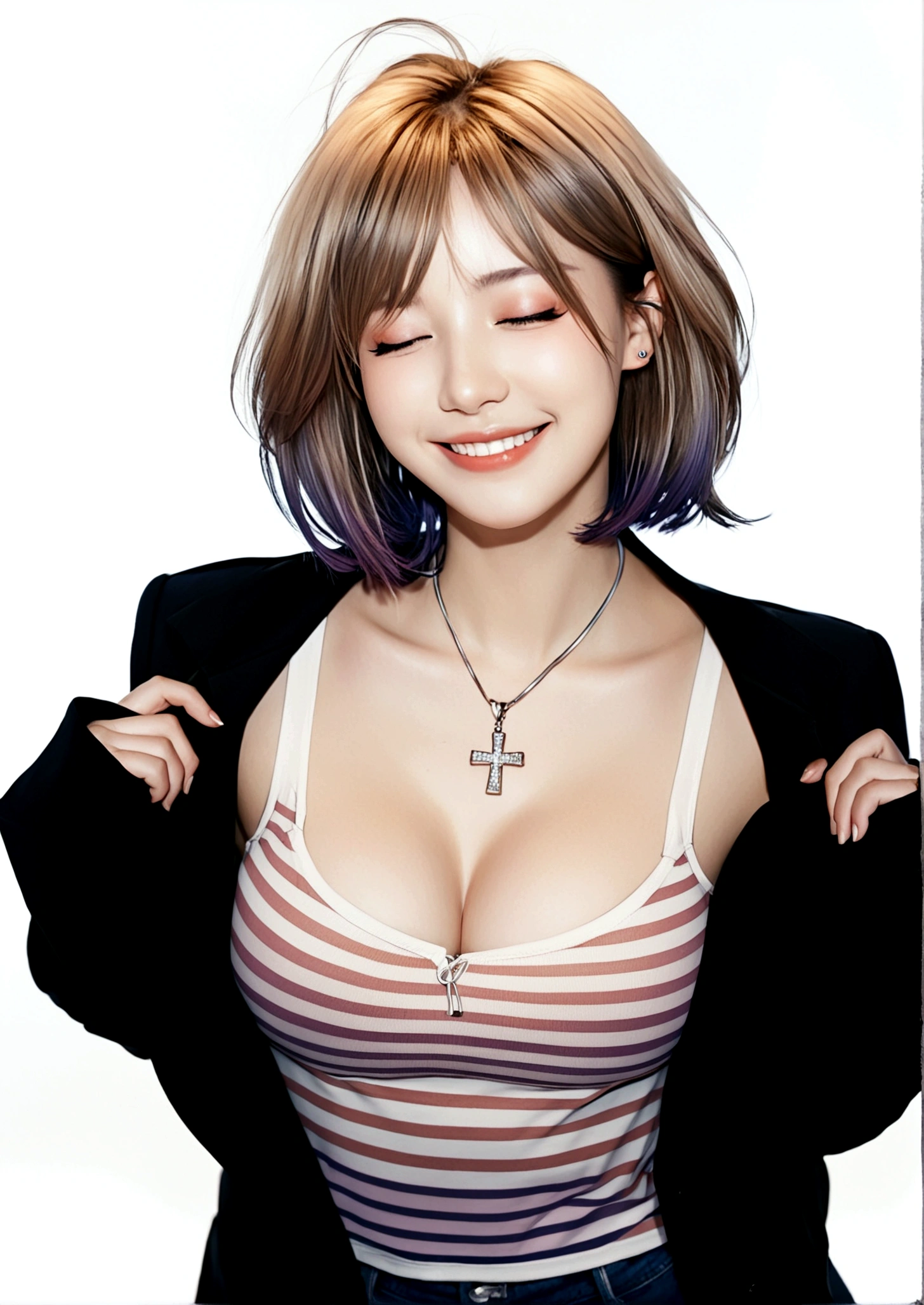 1girl, solo, breasts, smile, short hair, blonde hair, large breasts, simple background, shirt, white background, cleavage, bare shoulders, jewelry, medium breasts, jacket, closed eyes, upper body, striped, necklace, grin,  cross, camisole, cross necklace