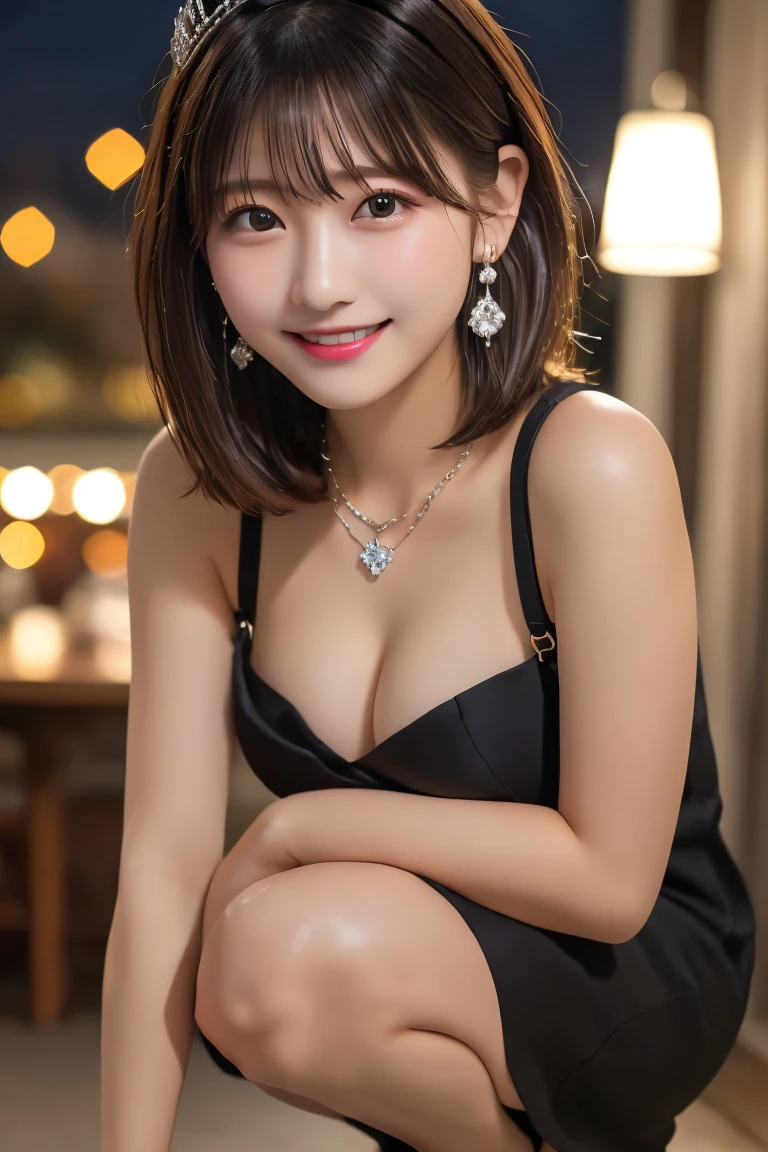 Highest quality, (beautiful)、A flashy black mini dress with shoulder straps、Larger breasts、Brown Hair、looking at the camera、squat、Close-up、pub、tiara、necklace、Earrings、night、smile