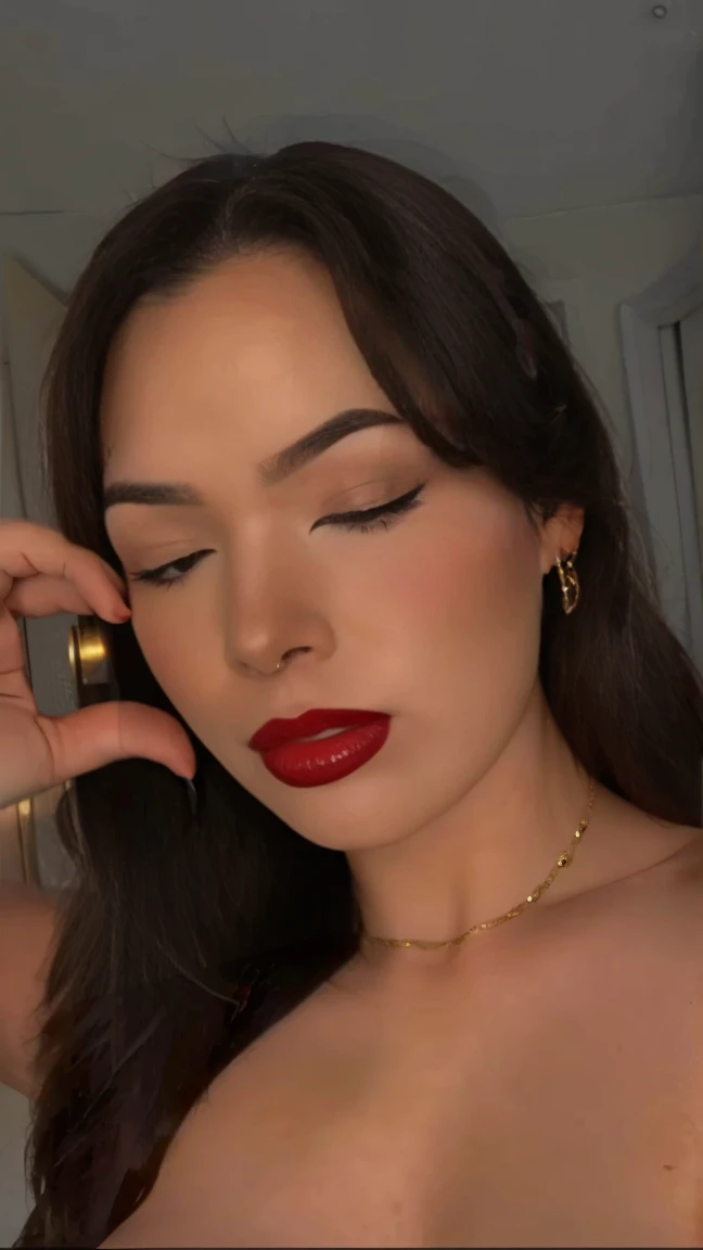 Lucia, nude, , , in a luxury room, close up, on her knees, pointing her face, red lipstick , eyes closed 
