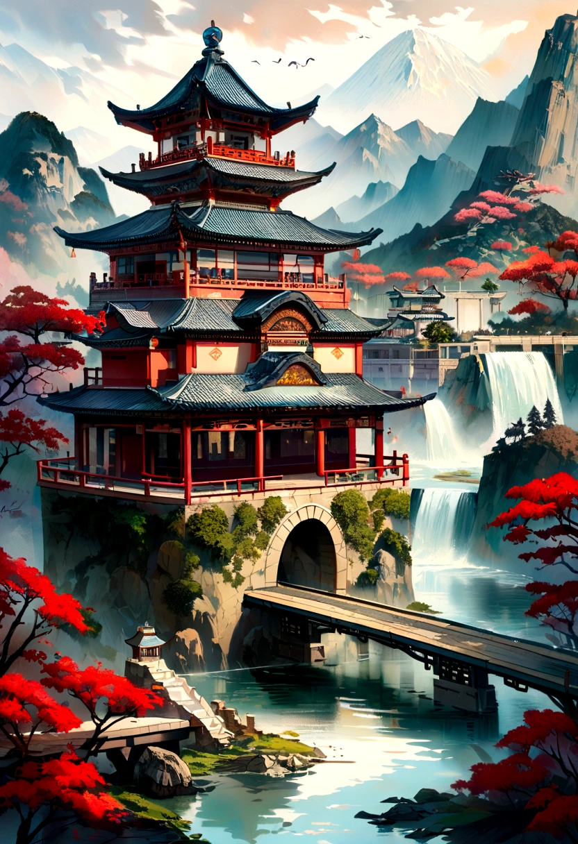 This painting presents a very realistic and extremely detailed work of Chinese landscape，Created by artist Aleksandar Popov。The painting stands out for its nuanced depiction。A vibrant and vibrant Chinese scene is shown，Including mountains、Rivers and buildings。The artist brings the details to life through his great skill，Make the viewer feel as if they are there。The mountains and rivers in the painting show realism with their precise lines and light and shadow effectake people feel the magnificence and tranquility of nature。The detailed depiction of the building is equally stunning，From the tiles of the roof to the railings of the windows，Every detail is depicted very accurately。The whole picture exudes the atmosphere of Chinese culture，It gives people a deep artistic enjoyment。The painting is known through its surreal style and virtuosity，It shows the viewer the power of art and the beauty of Chinese culture。