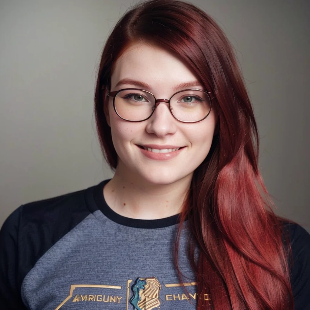 curvy woman with red hair and glasses smiling at camera, profile picture with headshot, half body head shot, She wears Harry Potter glasses, slight nerdy smile, high-quality portrait, aenami alena, cute and slightly nerdy smile, Serpentina do Twitch, emily rajtkowski, typical cryptocurrency nerd, avatar image, Shot in the head of a furry young woman, close up of the head