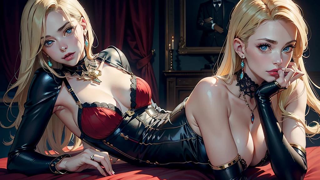 High quality fingers, normal hands, detailed fingers, masterpiece, (realistic, photo-realistic:1.37), (whole body:1.5), High-end editorial photo shoot, highlighting the beauty of a woman with blond hair and bright blue eyes., dressed in a chic red and black corset, Thin waist, Seductive smile, big , Perfect body, perfect face, (whole body:1.5), set in the exquisite ambiance of a Victorian ballroom. Stylish, exquisite jewelry made from expensive precious stones.