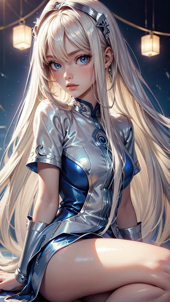 Unbeatable beauty, Skin is firm and shiny, bangs between eyes, Shiny straight beautiful platinum blonde, Silky extra long straight hair, Eyeliner, Sexy beautiful innocent 14 year old, HD big big beautiful bright blue eyes, beautiful cute girl, baby face, short sleeve