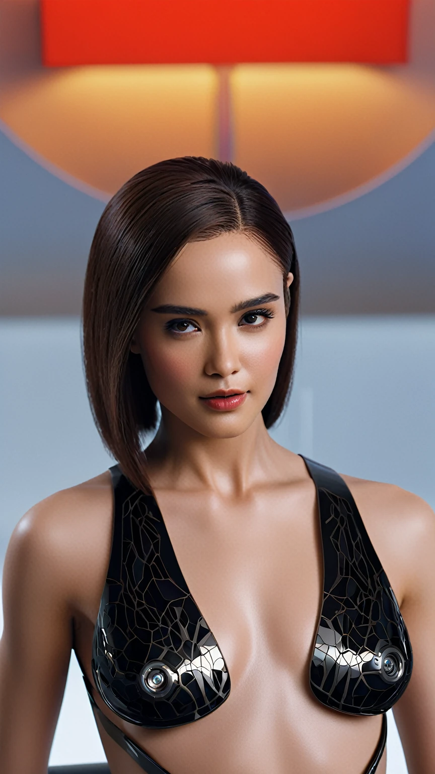"Design a stunning and alluring sexy female humanoid AI robot inspired by the film Ex Machina. The robot should have a face resembling that of an extremely gorgeous lady, with human-like, realistic skin. Ensure that the skin texture is detailed and beautiful, capturing the essence of a woman's beauty intertwined with advanced AI technology.", futuristic cinematic background,