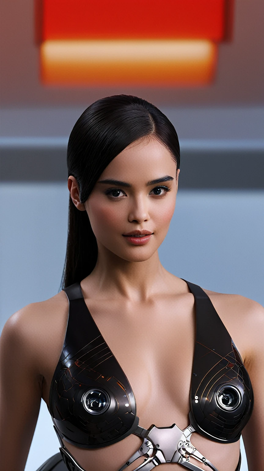 "Design a stunning and alluring sexy female humanoid AI robot inspired by the film Ex Machina. The robot should have a face resembling that of an extremely gorgeous lady, with human-like, realistic skin. Ensure that the skin texture is detailed and beautiful, capturing the essence of a woman's beauty intertwined with advanced AI technology.", futuristic cinematic background,