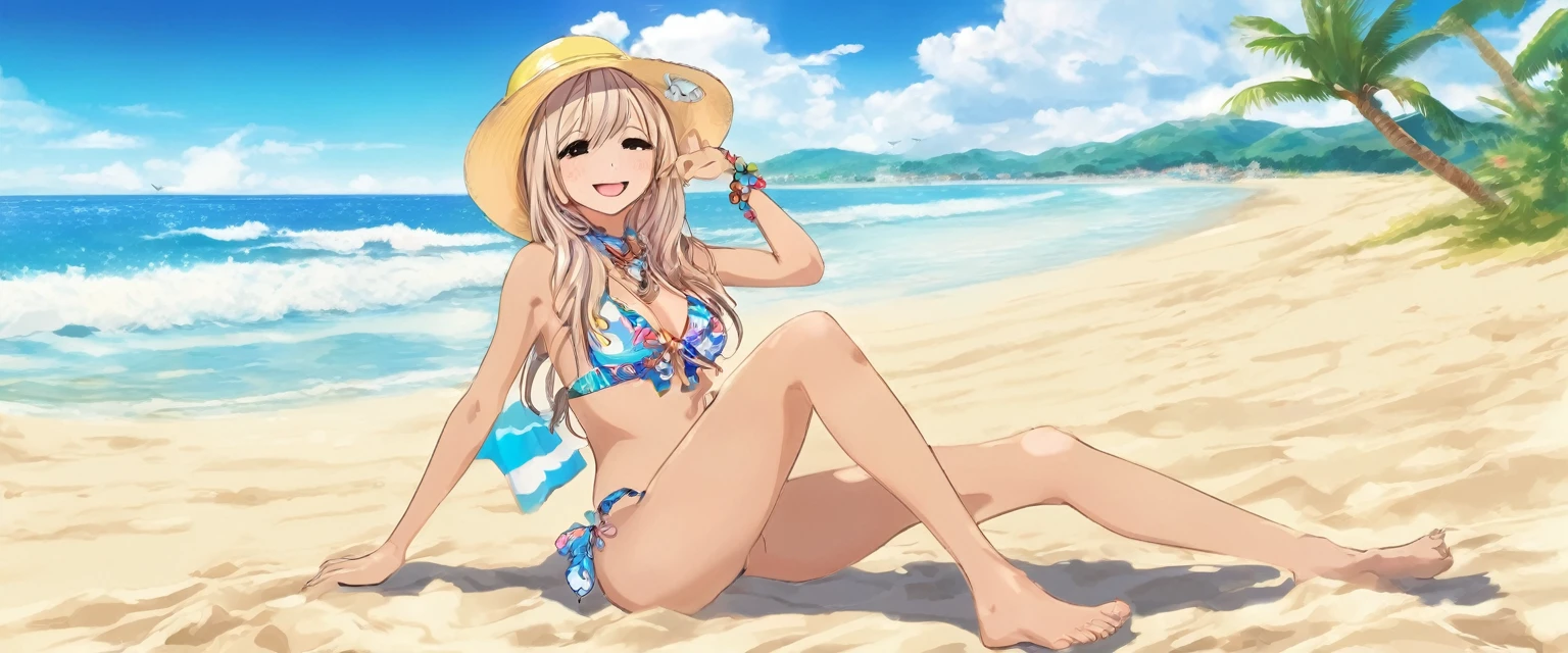 A gyaru lying on the beach in a bikini, enjoying sunbathing with a cheerful and lively expression. The background features gentle waves, a blue sky, and soft golden sand, creating a perfect beach day atmosphere