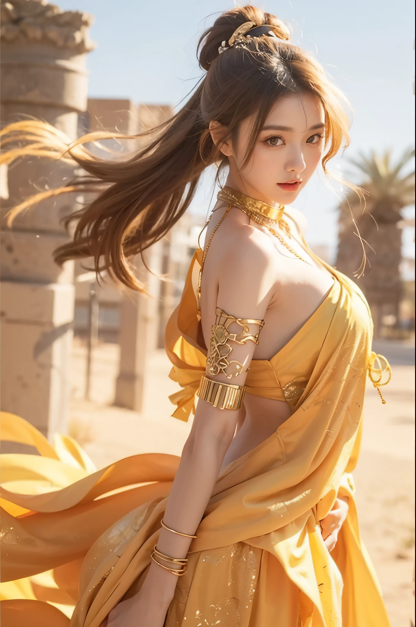 Beautiful Japanese Waifu, brunette hair, bright yellow style dress, golden hair decoration, golden necklace, golden arm bracelet, golden bracelet, desert city background 