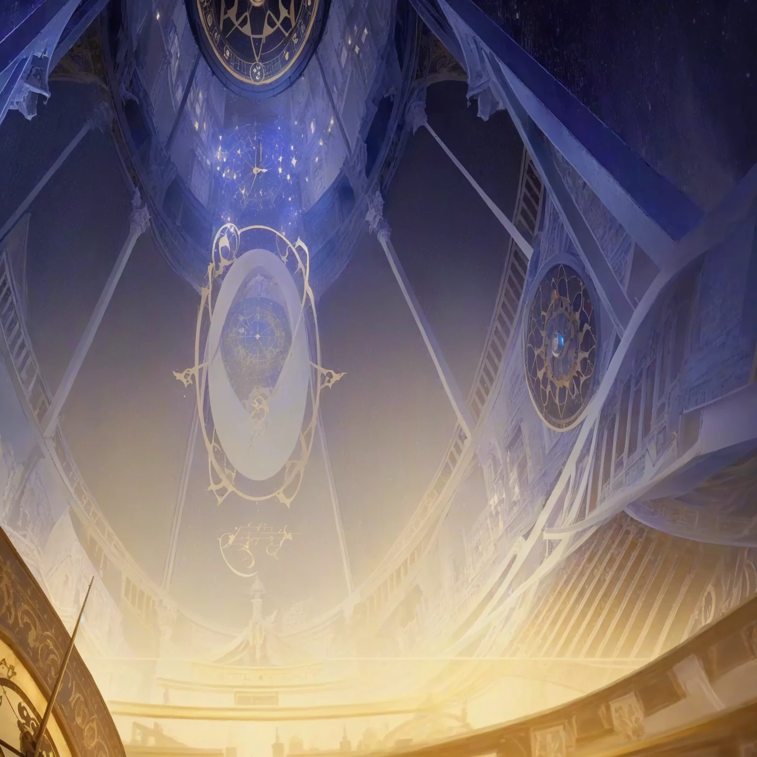 There is a clock on the ceiling of a building., Infinite Space Clock Background, Infinite Celestial Library, Alchemist's Library Background, background technologywork, Animation New Art Universe Display, Intricate sparkling atmosphere, background technology, Concept Art magical highlight, Kingdom of Light Background, Arena Background, anime background technology, astral background, Gorgeous border + Concept Art, Star Clocks