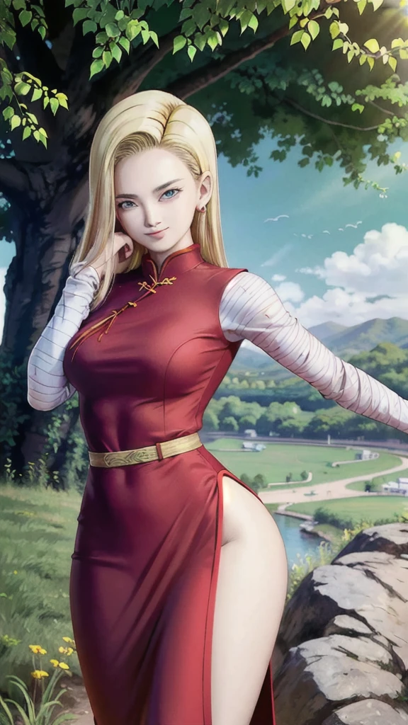 android 18,blonde hair,(((long hair))),blue eyes,(long slit red sexy cheongsam), (Red),looking at the audience,face smile,close-up,river,rock,tree,blue sky,high quality,masterpiece,sexy body, sexy Red Dress, red,perfect big breasts