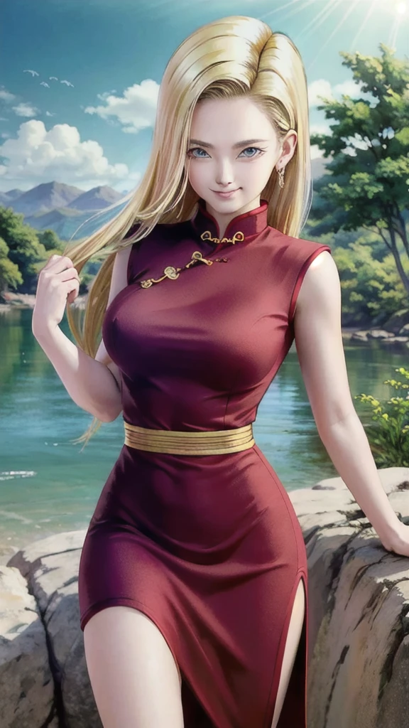 android 18,blonde hair,(((long hair))),blue eyes,(long slit red sexy cheongsam), (Red),looking at the audience,face smile,close-up,river,rock,tree,blue sky,high quality,masterpiece,sexy body, sexy Red Dress, red,perfect big breasts