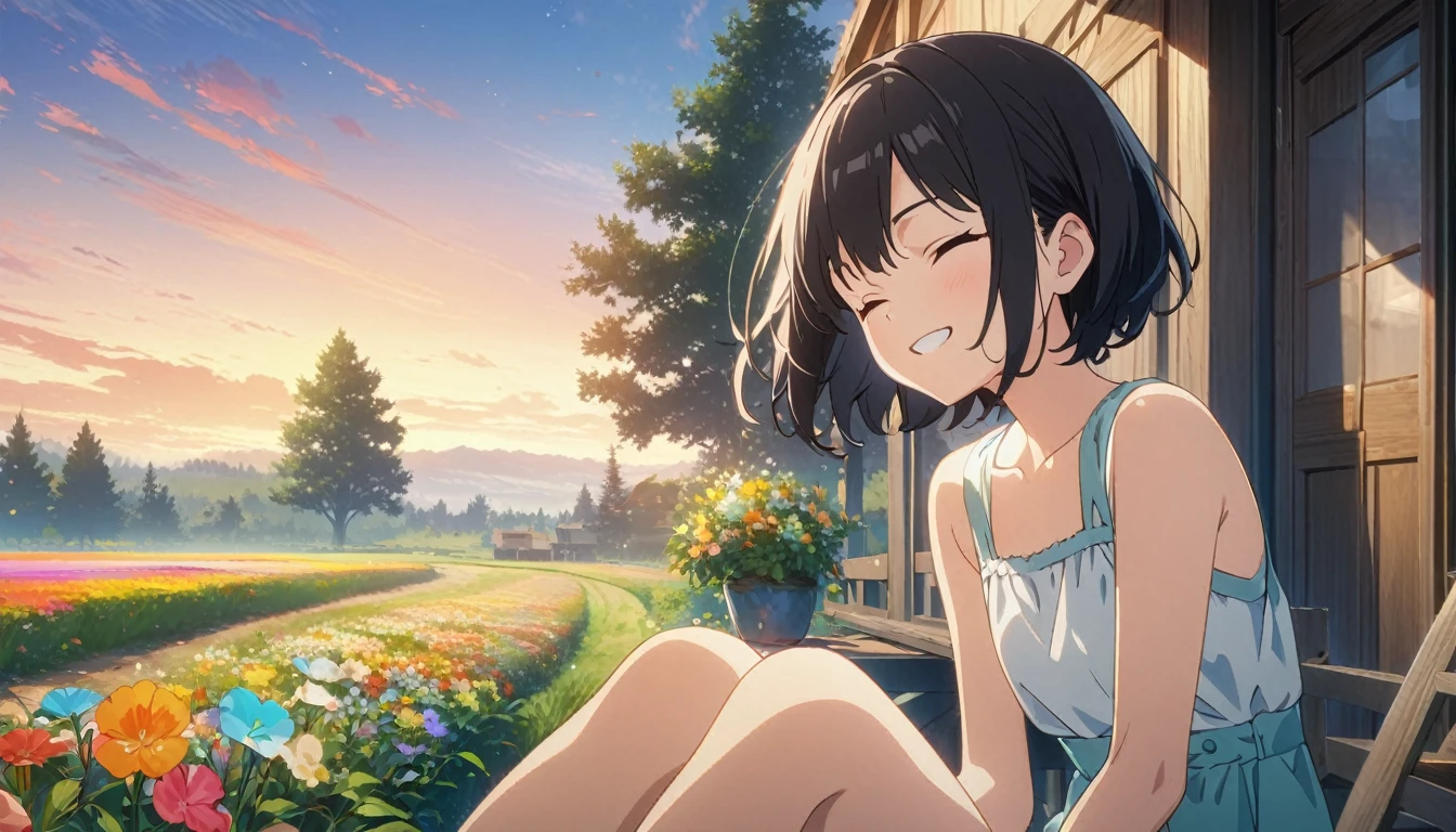 1girl, solo, flat chest, short hair, black hair, standing, gentle smile on her face((masterpiece, illustration, best quality), eyes closed, ((best quality)), ((masterpiece)), colorful, amazing, tree, field, 4k anime wallpaper, flowers , beautiful sky, high resolution, ultra 4K, sitting on a balcony of a house