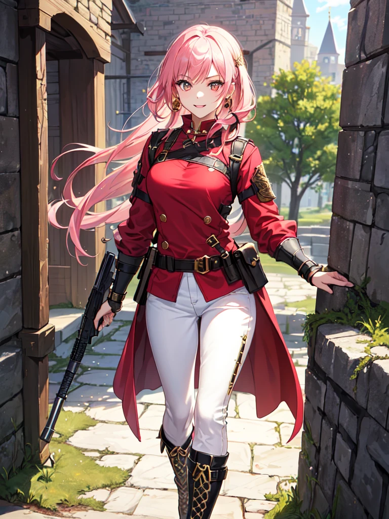 SFV (masterpiece, Best quality, 32 thousand.) Young teenage girl with pink hair , ((pink глаза)), ((Eyeliner)), ((Beautiful face, sultry face, mischievous face, fine features, sexy face)), ((pale skin, Smooth skin, perfect skin)), ((cute outfit, Stylish outfit, Medieval attire, fantasy outfit, tactical equipment:1.3)), (Red shirt, White pants), (black boots with gold accents)