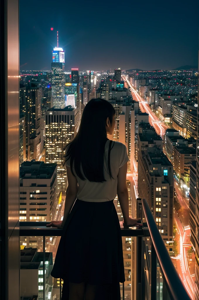 real photo, “A Japanese young pretty woman with long, dark hair stands on a balcony at night, looking out over a brightly lit, bustling cityscape. She has a pensive expression, and her reflection is visible in the glass in front of her. The city lights are colorful and vibrant, with neon signs and high-rise buildings stretching into the distance. The scene is emotional and atmospheric, capturing a moment of quiet contemplation amidst the urban environment. The overall mood is reminiscent of Makoto Shinkai’s films, with a blend of realism and a touch of magical, melancholic beauty.”