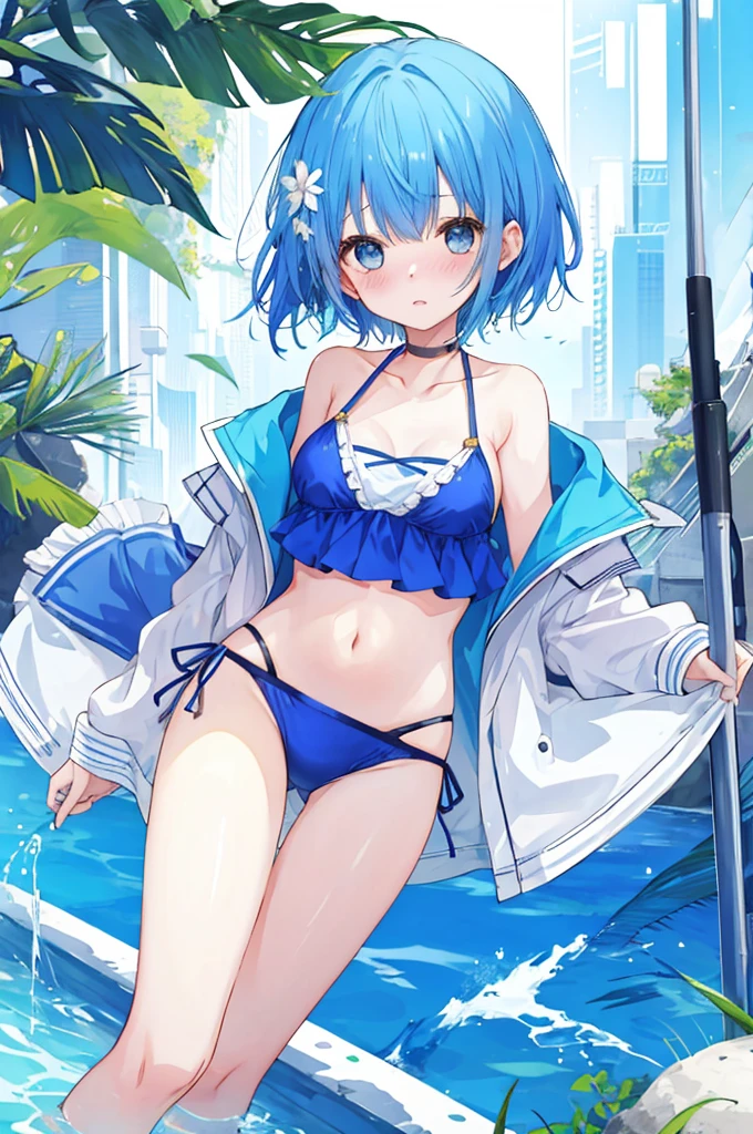 Girl、Blue hair short、bikini、Embarrassed