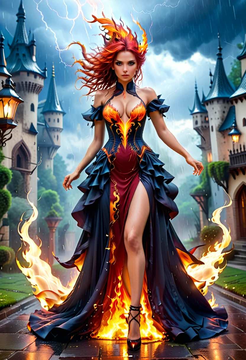 a sorceress of fire making fire dance in a the (storm of rain: 1.3), a most exquisite beautiful sorceress, controlling fire manipulating fire, a woman, dynamic hair color, dynamic hair style, (most beautiful face: 1.3), (ultra detailed face: 1.2), wet hair, wet face, dynamic eyes color, full body shot, wearing dress made of fire, wearing intricate high heels, light make up, dancing in courtyard of a fantasy castle background, ((heavy rain drops: 1.1)), clouds in the sky, (anatomically correct: 1.4), (full body shot: 1.1) , vibrant, Ultra-high resolution, High Contrast, (masterpiece:1.5), highest quality, Best aesthetics), best details, best quality, highres, ultra wide angle, 16k, [ultra detailed], masterpiece, best quality, (extremely detailed), firecd_xl, phoenix dress, fireMagicAI