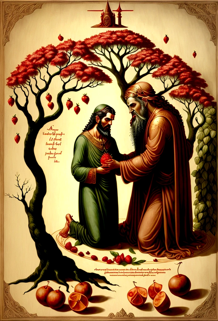 An imaginary picture when Satan whispered in the ear of Adam, the father of humanity, to disobey God and forced him to eat the fruits of the immortal tree.