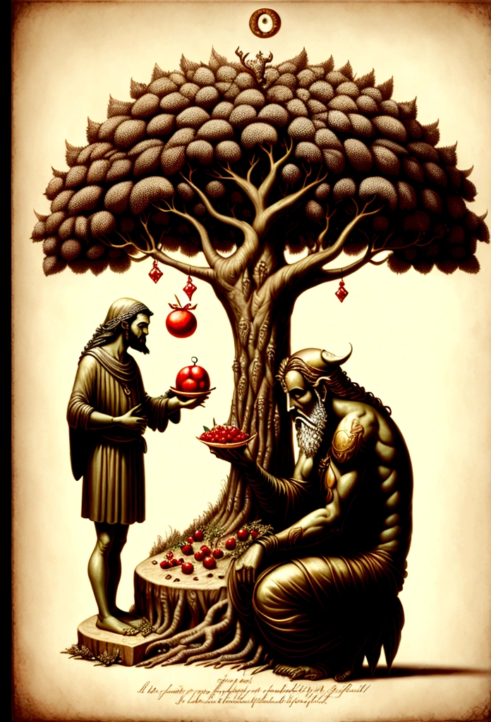 An imaginary picture when Satan whispered in the ear of Adam, the father of humanity, to disobey God and forced him to eat the fruits of the immortal tree.