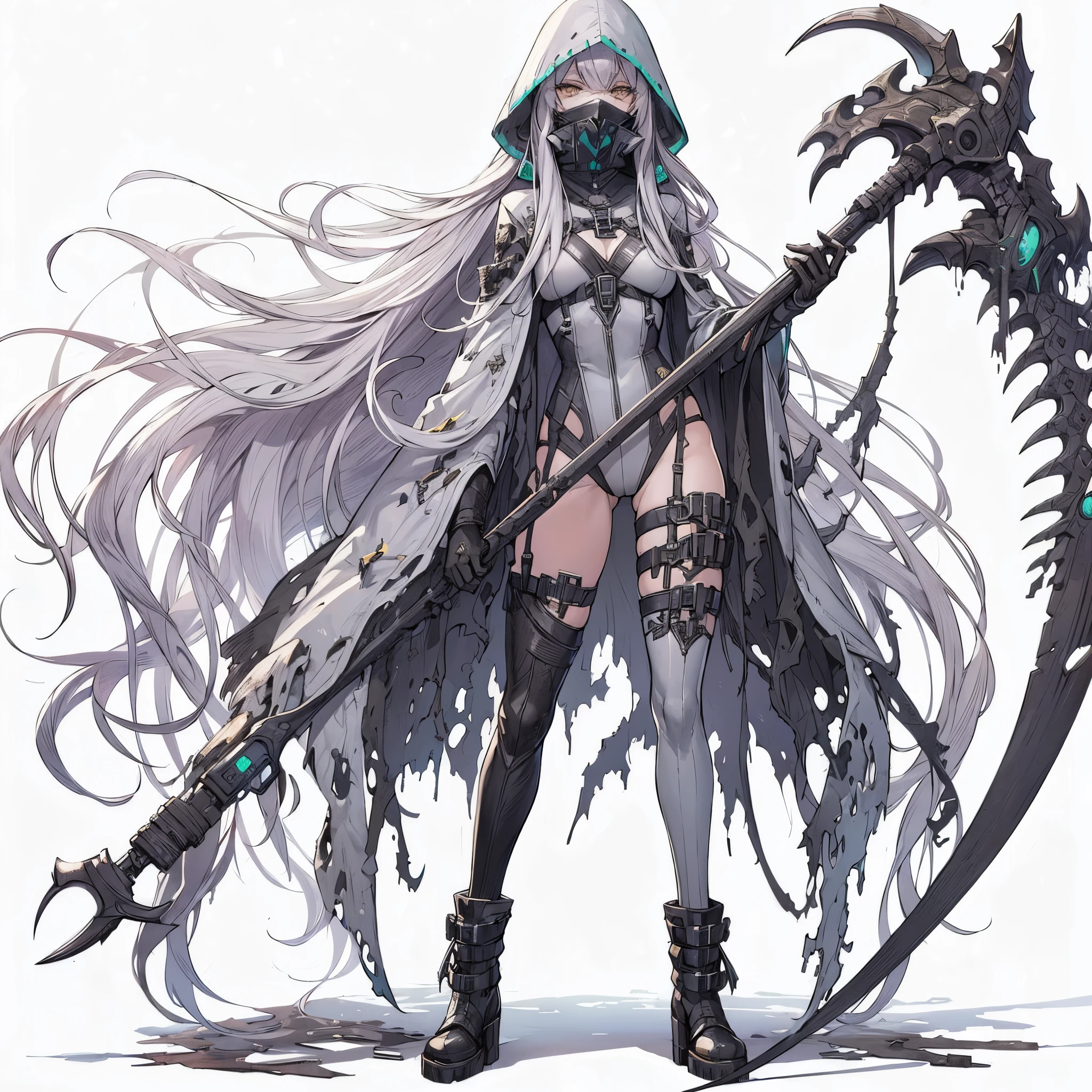 (Masterpiece, top quality), (fine hair), super detailed, anime style, solo, full body, whole body, cyberpunk gang lady, massive, white with yellow mixed with very short hair, gold eyes, right hand converted into a cybernetic claw called the talon of Horus. Left hand is a bare fist, fanged mask, black formal suits with gold trim, wolf fur long coat, long boots, supernatural lightning, white background, full body standing, standing on desolate earth.