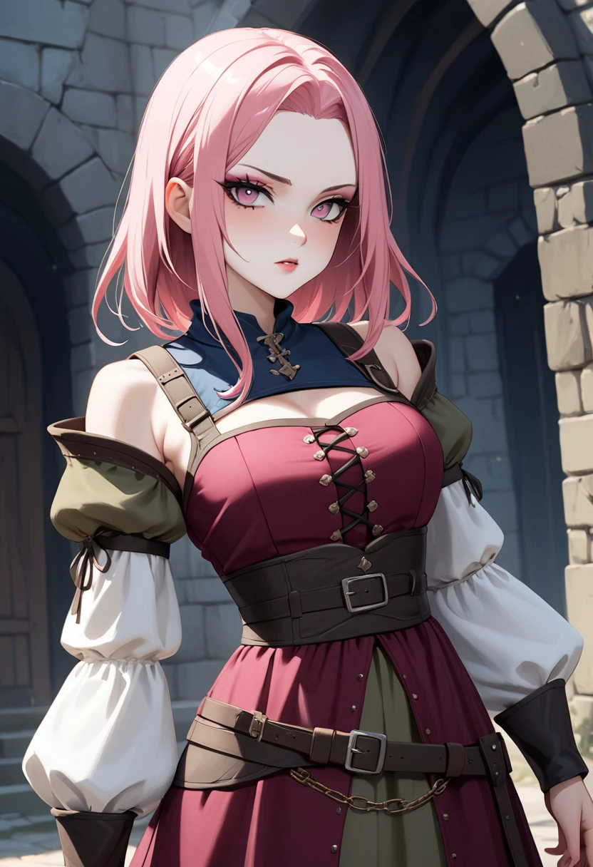 SFV (masterpiece, Best quality, 32 thousand.) Young teenage girl with pink hair , ((pink глаза)), ((Eyeliner)), ((Beautiful face, sultry face, mischievous face, fine features, sexy face)), ((pale skin, Smooth skin, perfect skin)), ((cute outfit, Stylish outfit, Medieval attire, fantasy outfit, tactical equipment:1.3))