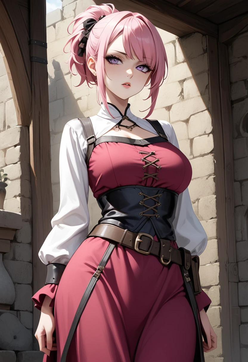 SFV (masterpiece, Best quality, 32 thousand.) Young teenage girl with pink hair , ((pink глаза)), ((Eyeliner)), ((Beautiful face, sultry face, mischievous face, fine features, sexy face)), ((pale skin, Smooth skin, perfect skin)), ((cute outfit, Stylish outfit, Medieval attire, fantasy outfit, tactical equipment:1.3))