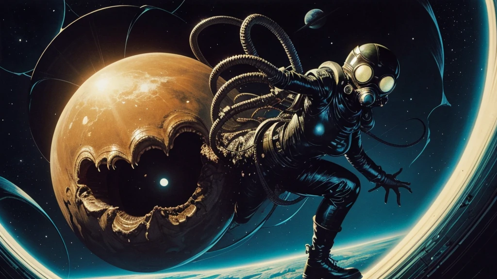  Retro comic style artwork,In the black vacuum of space, an unimaginable horror stirs. A pulsating, slimy ovomorph rips open, revealing an agile, deadly Facehugger