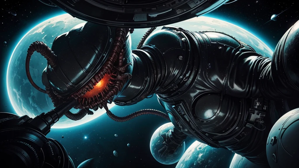 Retro comic style artwork,In the black vacuum of space, an unimaginable horror stirs. A pulsating, slimy ovomorph rips open, revealing an agile, deadly Facehugger