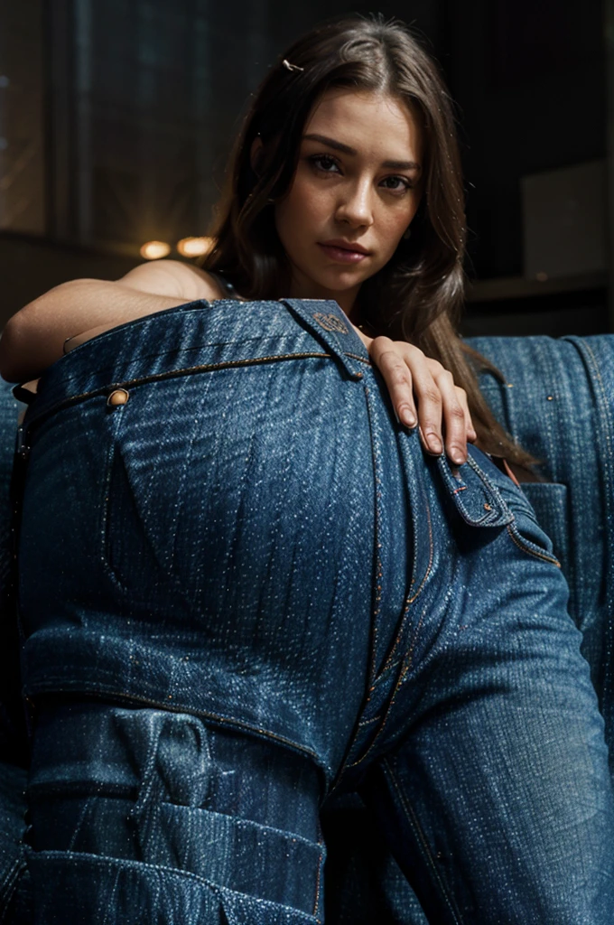 a stunningly realistic, high resolution 8K photo of a beautiful 30-year-old woman with medium long hair and a glamorous figure, sit on the sofa, (Jeans:1.5), indoor, shirt, dramatic lighting, masterpiece, immersive atmosphere, chiaroscuro:(1.5, bright light:1.2, luminous lighting), (background blur:1.5), blurring, best quality, photorealistic, ultra-detailed, HDR, physically-based rendering, studio lighting, vivid colors, bokeh, (real skin texture:1.3), high contrast, (Fuji Color:1.5), Film grain, night, (High-end interior:0.6)