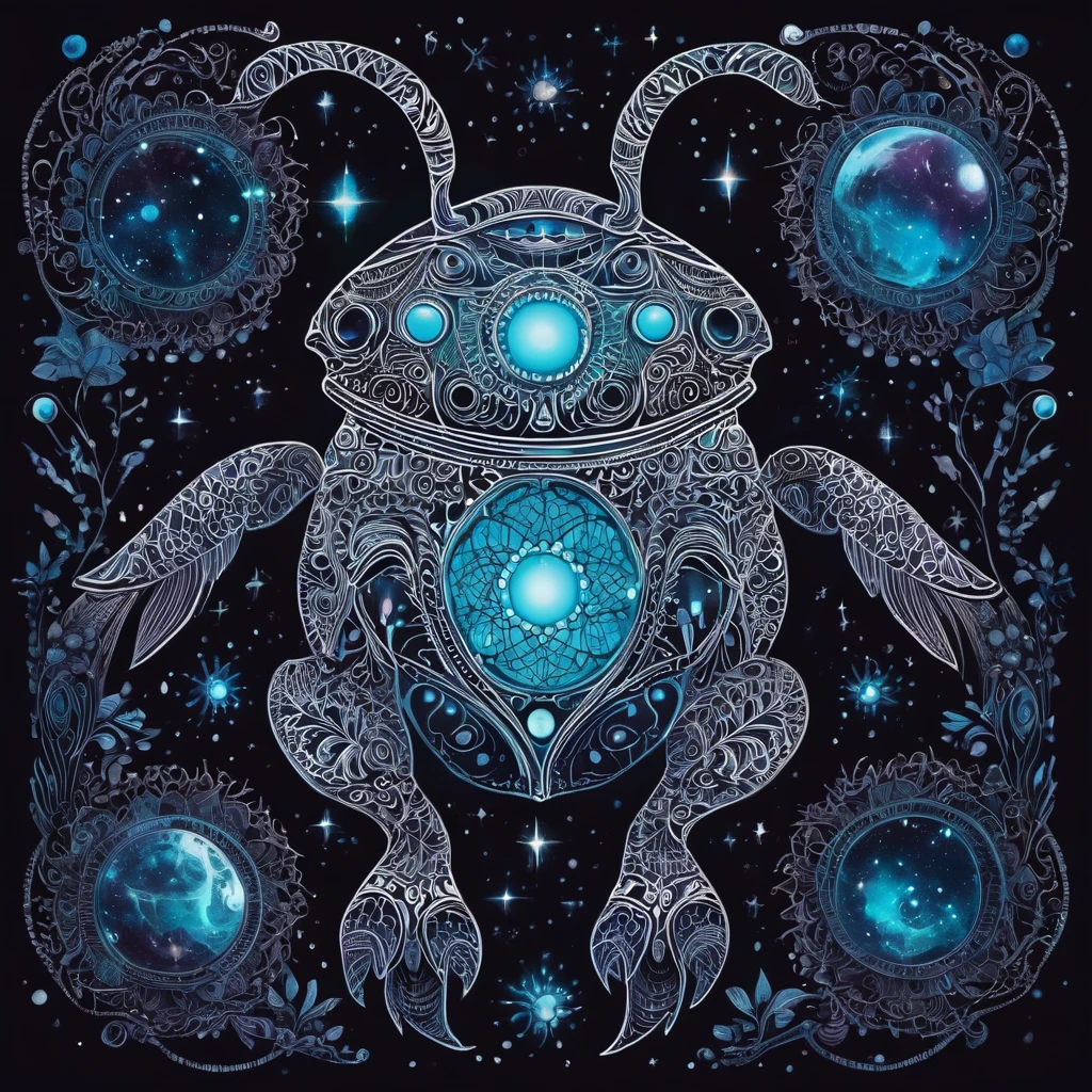 Create a visually stunning and captivating representation of never-before-seen magical creatures from Mars. These creatures are both cute and dark, with a unique bioluminescent quality. The design should incorporate elements of zentangle art, with intricate and mesmerizing patterns. The creatures should appear in a 3D format, with a cinematically-inspired background. Emphasize the mysterious and awe-inspiring nature of these creatures through the use of dark colors and contrasting bioluminescent zentangle lines. The final result should be a mesmerizing and otherworldly depiction of these unknown beings from the red planet.