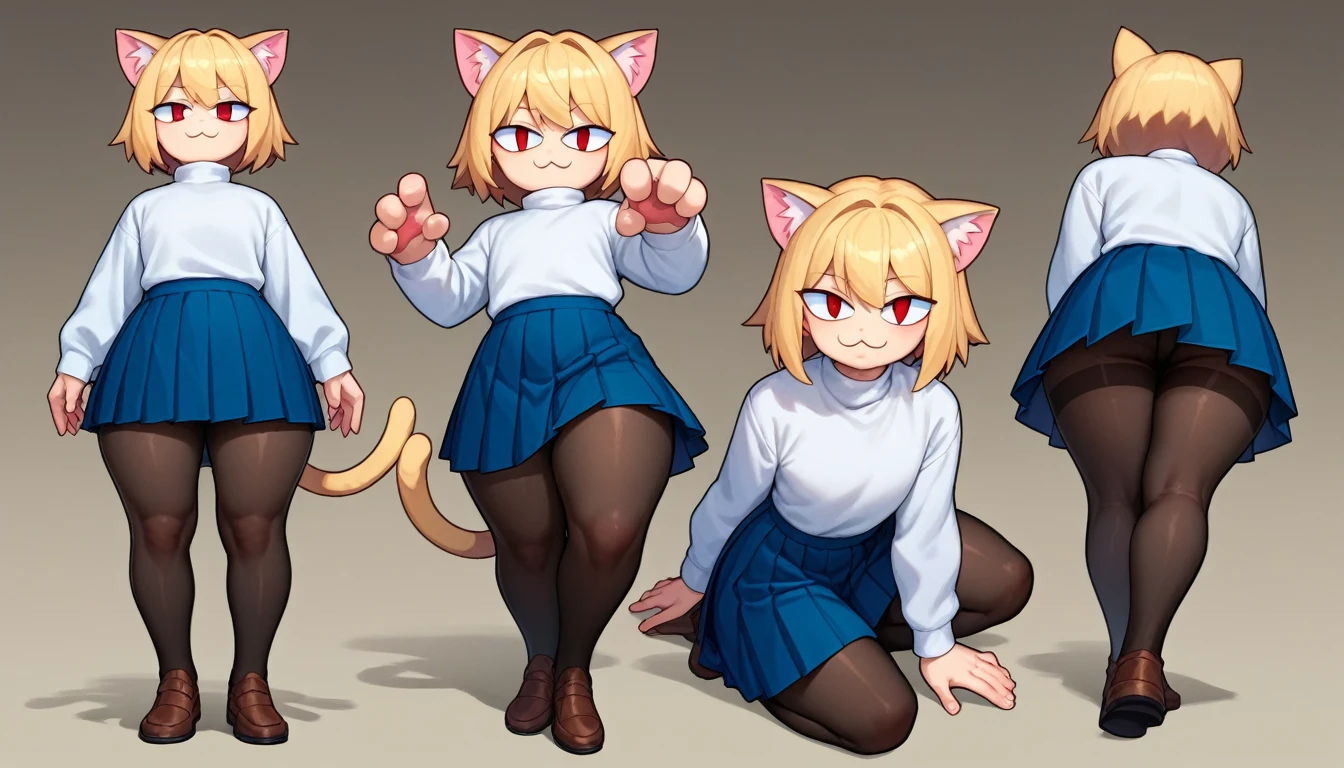 score_9, score_8_up, score_7_up, score_6_up, score_5_up, score_4_up, BREAK, 1boy, solo, necoarc, lit pupils, cat ears, blonde hair, red eyes, :3, turtleneck, blue skirt, pleated skirt, pantyhose, brown footwear, highlight thighs, thick thighs, seductive pose, (dynamic poses), looking at the viewer 