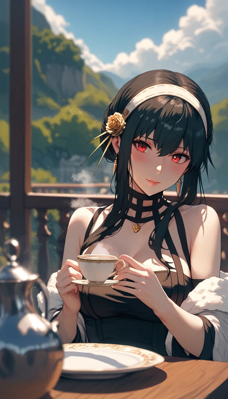 (hews art style:0.7), score_9, score_8_up, score_7_up, score_6_up, uncensored, yor briar, black hair, white hairband, red eyes, BREAK (masterpiece:1.2), best quality, high resolution, (beautiful detailed eyes:1.3), perfect lighting, (perfect hands, perfect anatomy), hearts, pleasured,1girl, blurry, cup, depth_of_field, solo, holding, looking_at_viewer, holding_cup, blurry_foreground, long_sleeves, day, dress, sky, cloud, upper_body, table, outdoors, cloudy_sky, teacup, breasts, virtual_youtuber, blurry_background, blue_sky, black_dress, plate, steam,