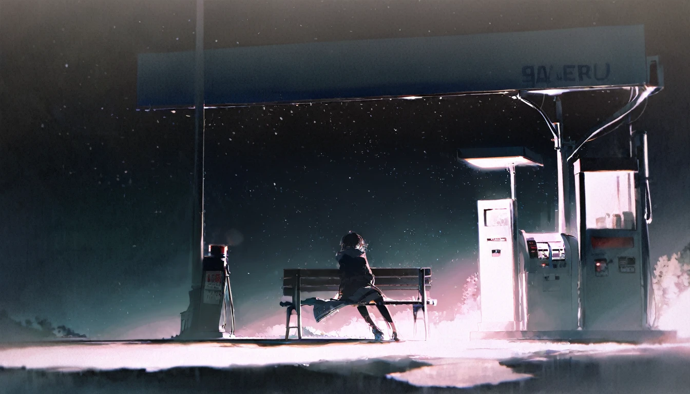 score_9, score_8_up, score_7_up, by rella, a girl sitting on a bench looking out in the night, sitting in a gas station, dark, nighttime, viewed from the back, spotlight on the girl, illuminated by a street light, blue colors, somber, peaceful, masterpiece.
