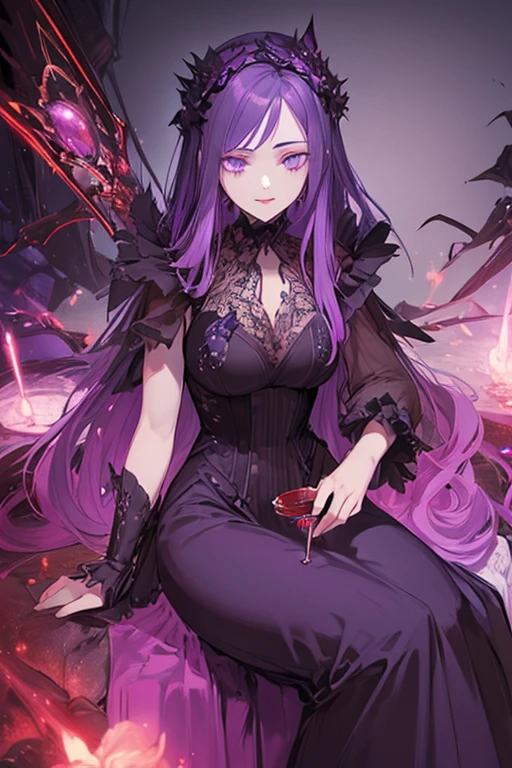 Adelaide Rene Purgatoir　,A noblewoman in her 40s with long purple hair and sharp purple eyes.、A gorgeous dress and a dagger on her hip、Put a cup of blood to your mouth、Fantasy World、Shaman,villain