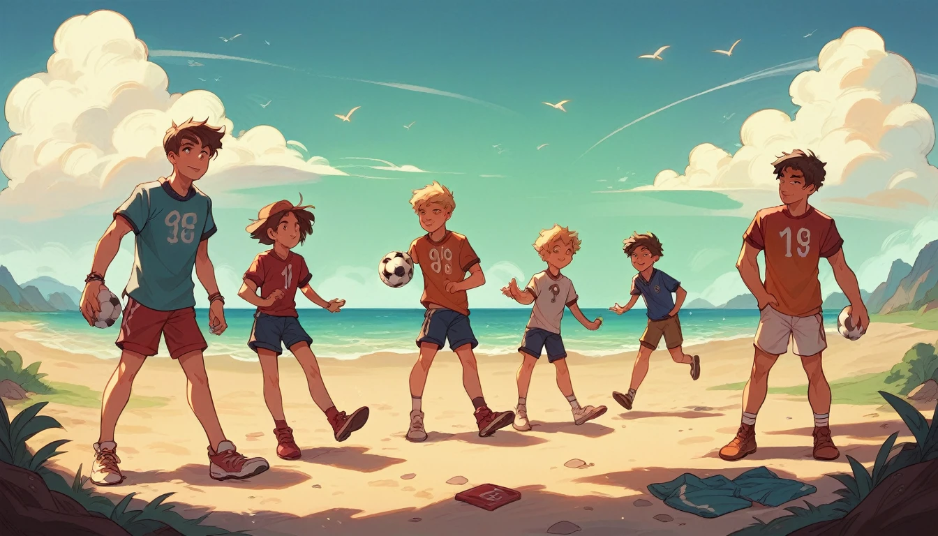 a group of people standing on top of a sandy beach, shutterstock, playing soccer at the beach, warm glow, ager hangout spot, connection rituals
