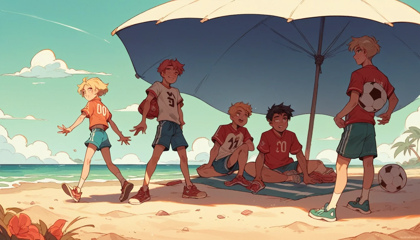 a group of people standing on top of a sandy beach, shutterstock, playing soccer at the beach, warm glow, ager hangout spot, connection rituals