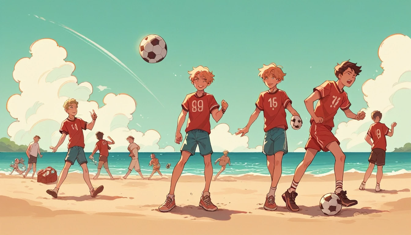 a group of people standing on top of a sandy beach, shutterstock, playing soccer at the beach, warm glow, teenager hangout spot, connection rituals