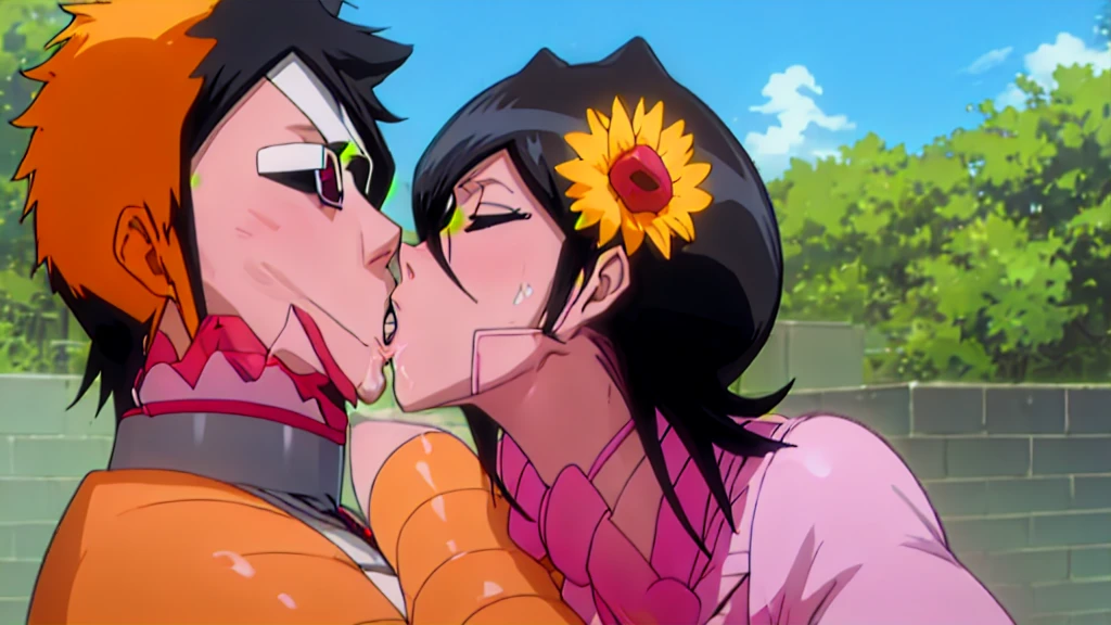 2 characters,Ichigo Kurosaki(male), Rukia Kuchiki(female), sunny scenery, passionate kiss, lovers kiss, happy expressions