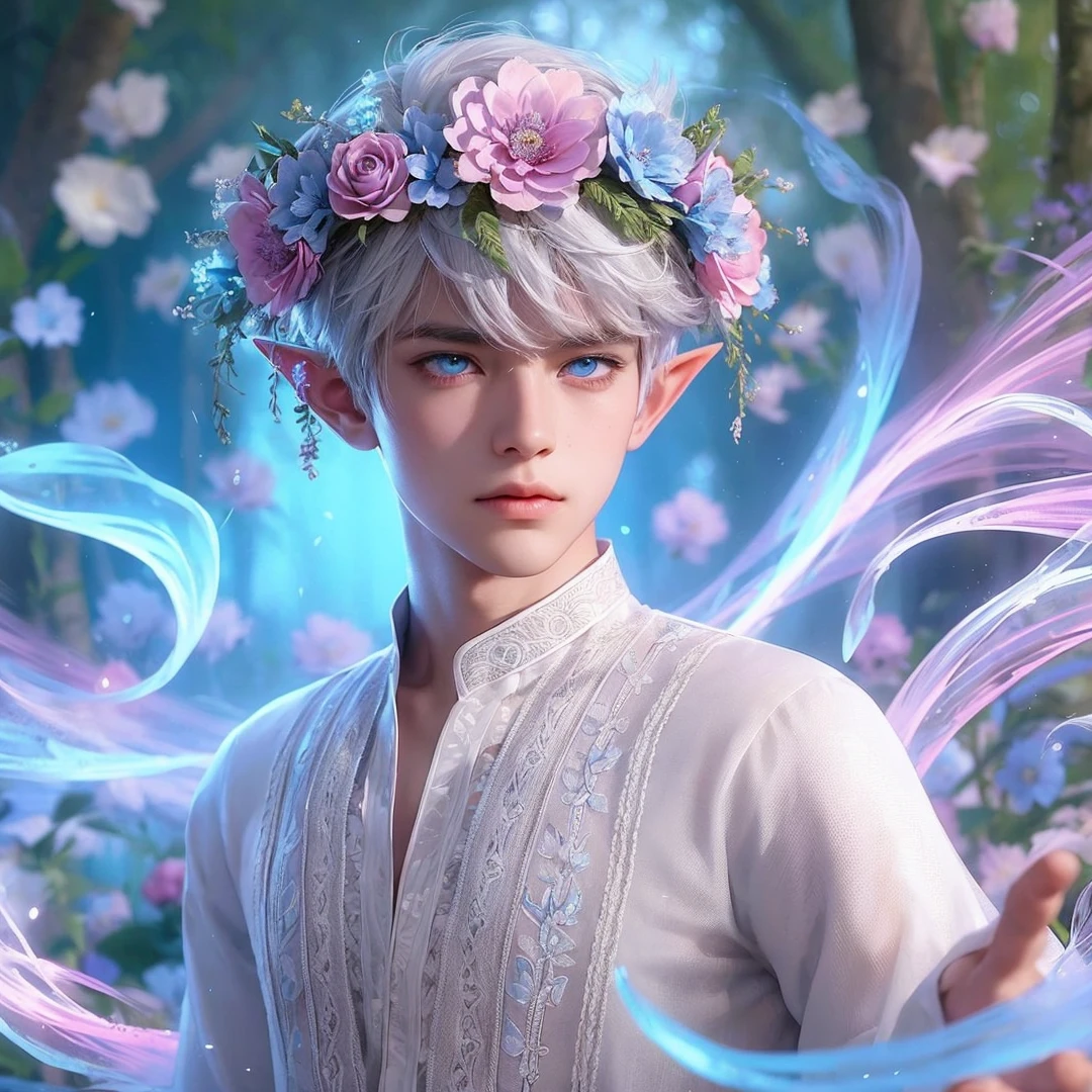 Handsome boy, white hair, blue eyes, wearing pink and light blue flower crown, wearing white barong tagalog, elf ear, "surrounded by light blue, pink, and purple light, magic forest background