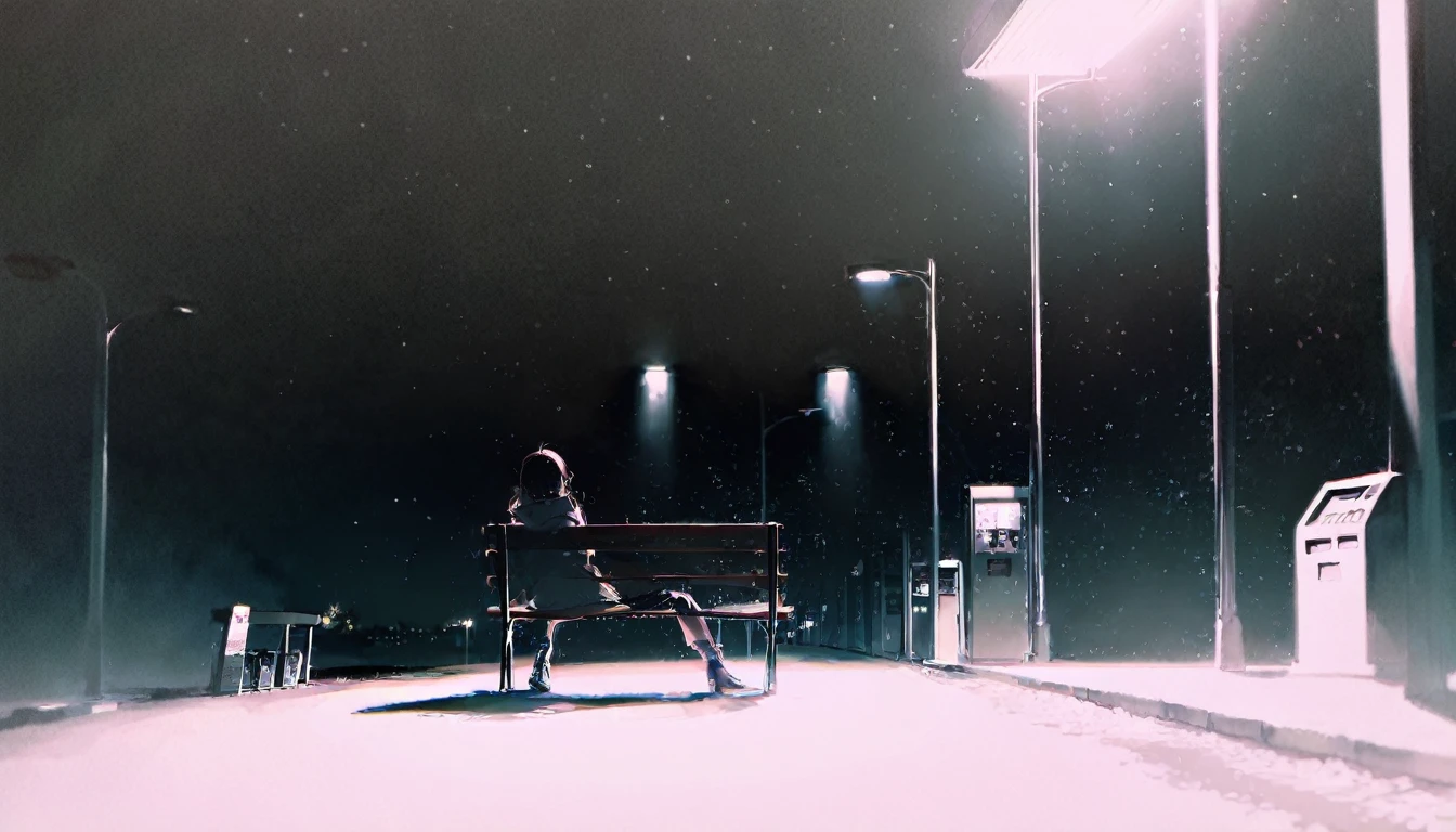 score_9, score_8_up, score_7_up, by rella, a girl sitting on a bench looking out in the night, sitting in a gas station, dark, nighttime, viewed from the back, spotlight on the girl, illuminated by a street light, blue colors, somber, peaceful, masterpiece.