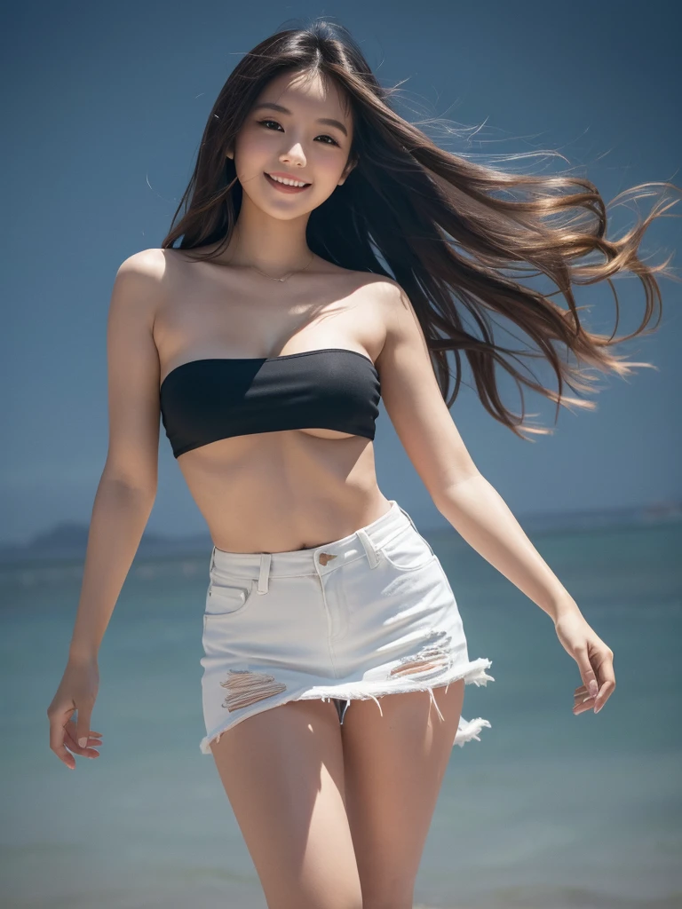Stunning realistic masterpiece, best picture quality, 8K, HDR, original image, Kodak Tri-X 400 film, using Leica camera 24mm wide-angle lens, soft colors, full-body low-angle shot, Taiwanese beauty, long flowing hair, slightly chubby figure, bust 36E, She has slender legs, wearing a white tube top and a low-waisted ripped denim skirt. She dances sideways and jumps. The background is completely black and the light focuses on the girl from the side. The overall atmosphere is dim. Her eyes and smile convey an optimistic and unrestrained mood.