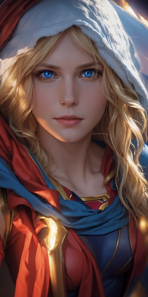 The character Supergirl, perfect costume with the traditional "S" in the chest, shiny blue eyes, extremely beautiful blond hair, beautiful smile , perfect anatomy and extremely beautiful face