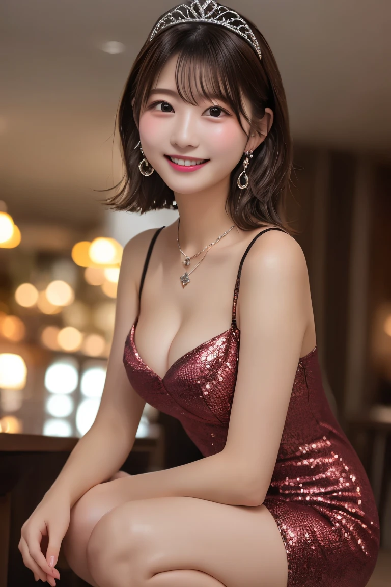 Highest quality, (beautiful)、A flashy mini dress with shoulder straps、Larger breasts、Brown Hair、looking at the camera、squat、Close-up、pub、tiara、necklace、Earrings、night、smile、Shoot from below