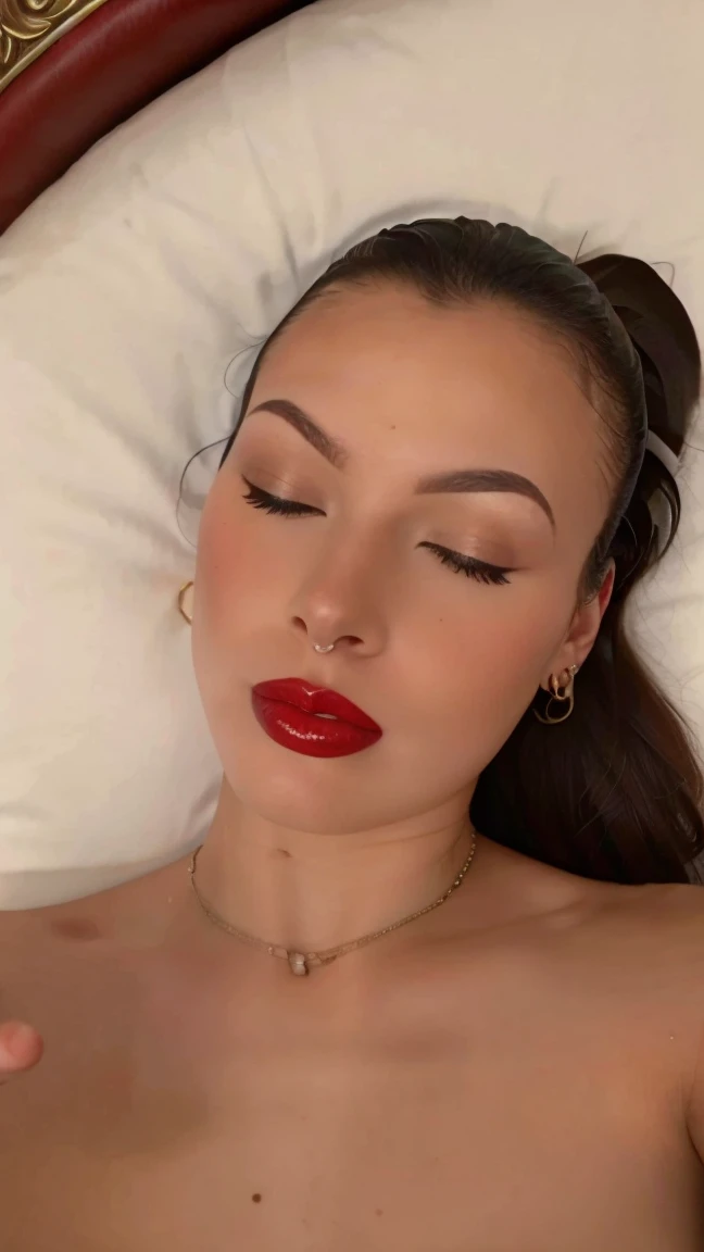 Lucia, nude, , , in a luxury room, close up, , pointing her face, red lipstick , eyes closed , lying , from above 