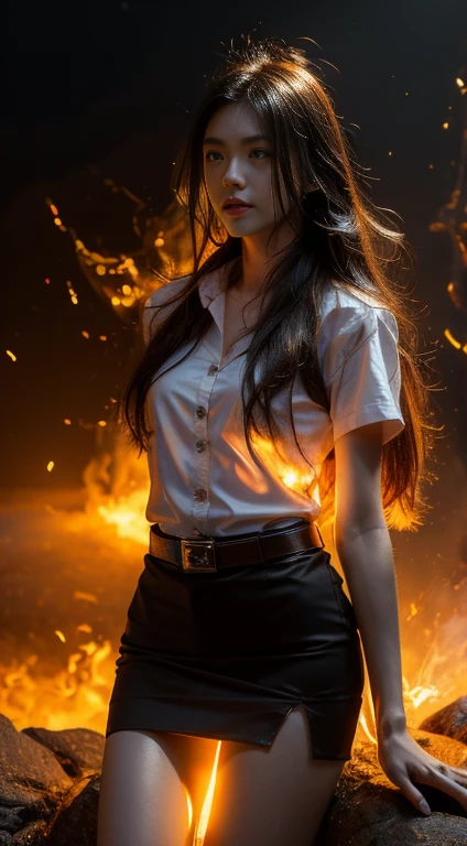 (fire element:1.1), medium long shot, It consists of fire element,fire,transparency,burning,(molten rock),Frame print,burning hair,smoke,cloud,chopped, girl engulfed in flames, Flames fly and sparks scatter,mano burning,translucent luminescence, 18s woman in thai university uniform, long straight fire hair, white shirt, black tight mini skirt, brown belt, white sneakers, masterpiece:1.2, high detail, realistic, cinematic scene, fire goddess, perfect figure, 16k, close up, portrait photo