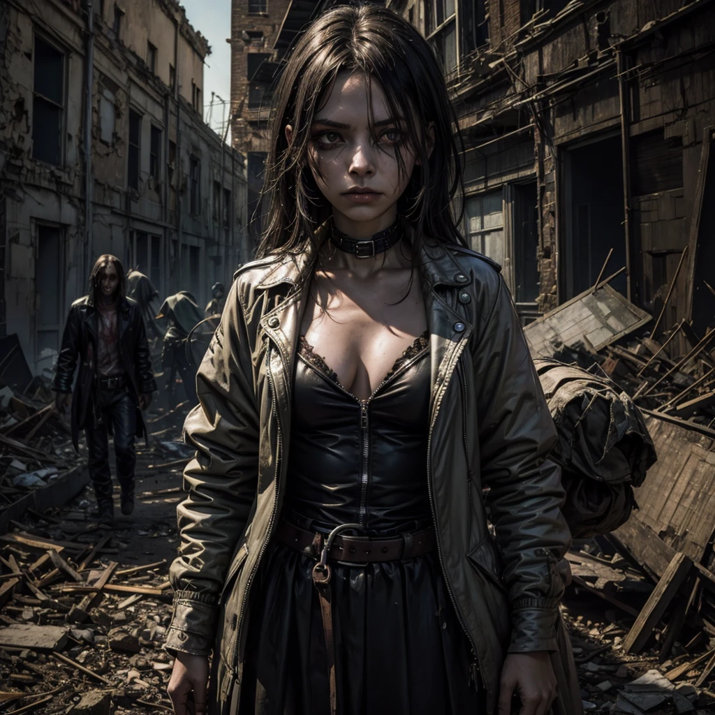 An undead girl wearing a straitjacket, in the background a sinister and dilapidated asylum